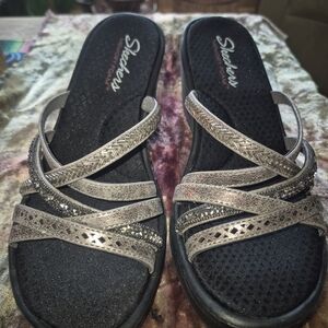 Skechers Women's Black and Metallic Sandals